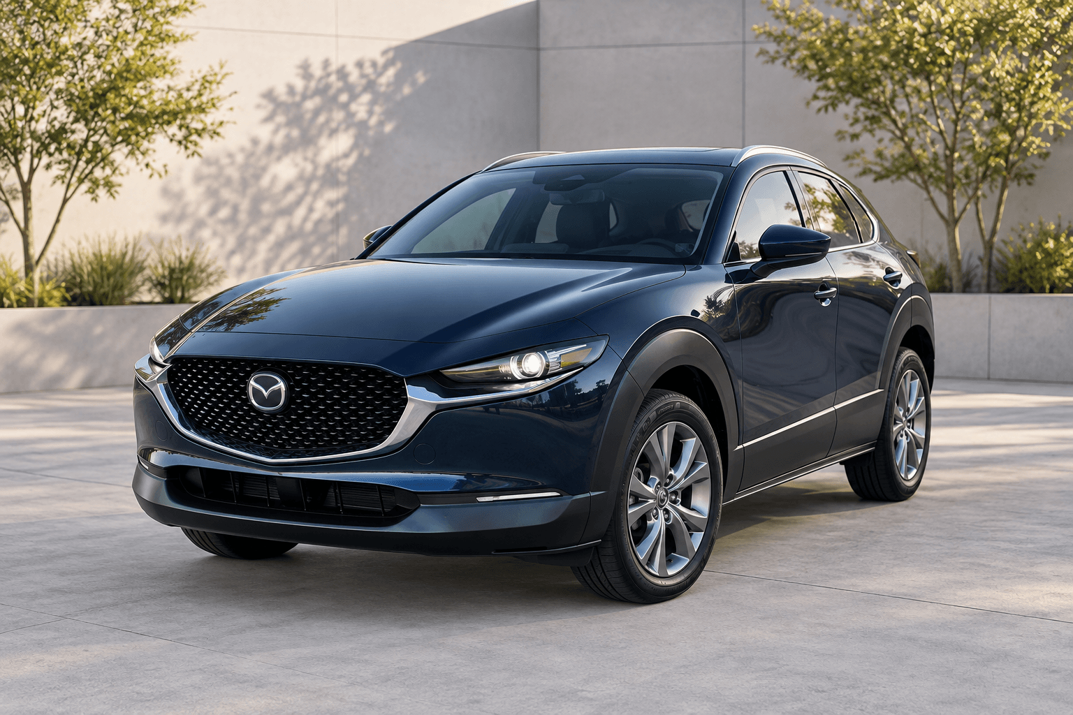Dark blue Mazda CX-30, front three quarter, illustrative vehicle image