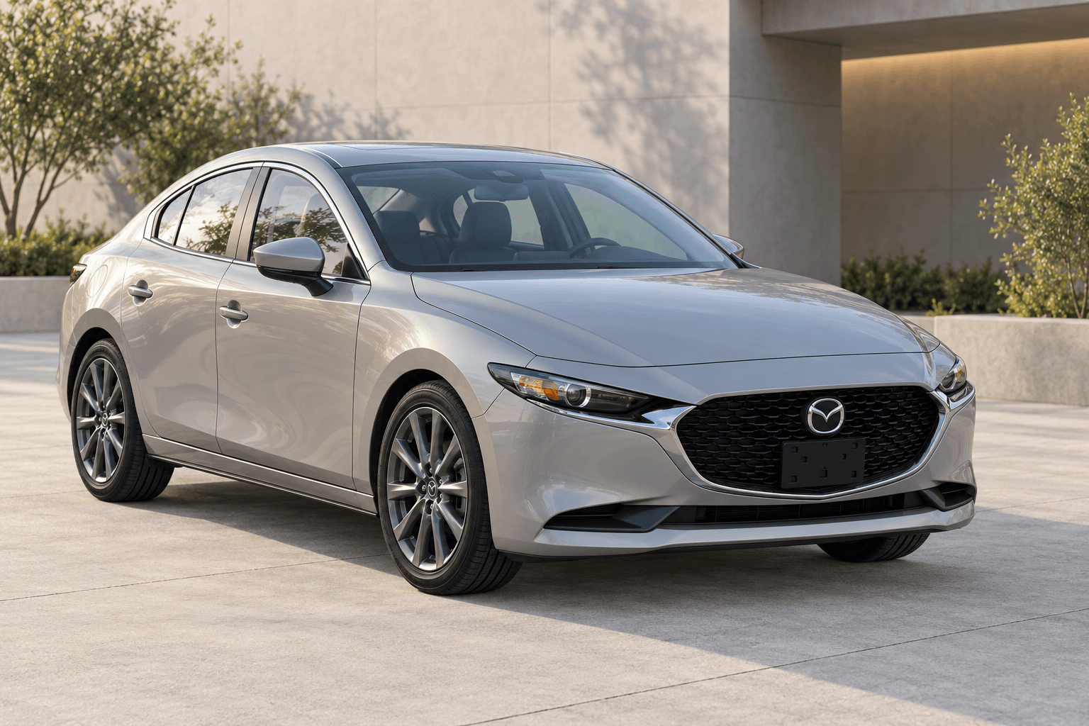 Silver Mazda3, front three quarter, illustrative vehicle image