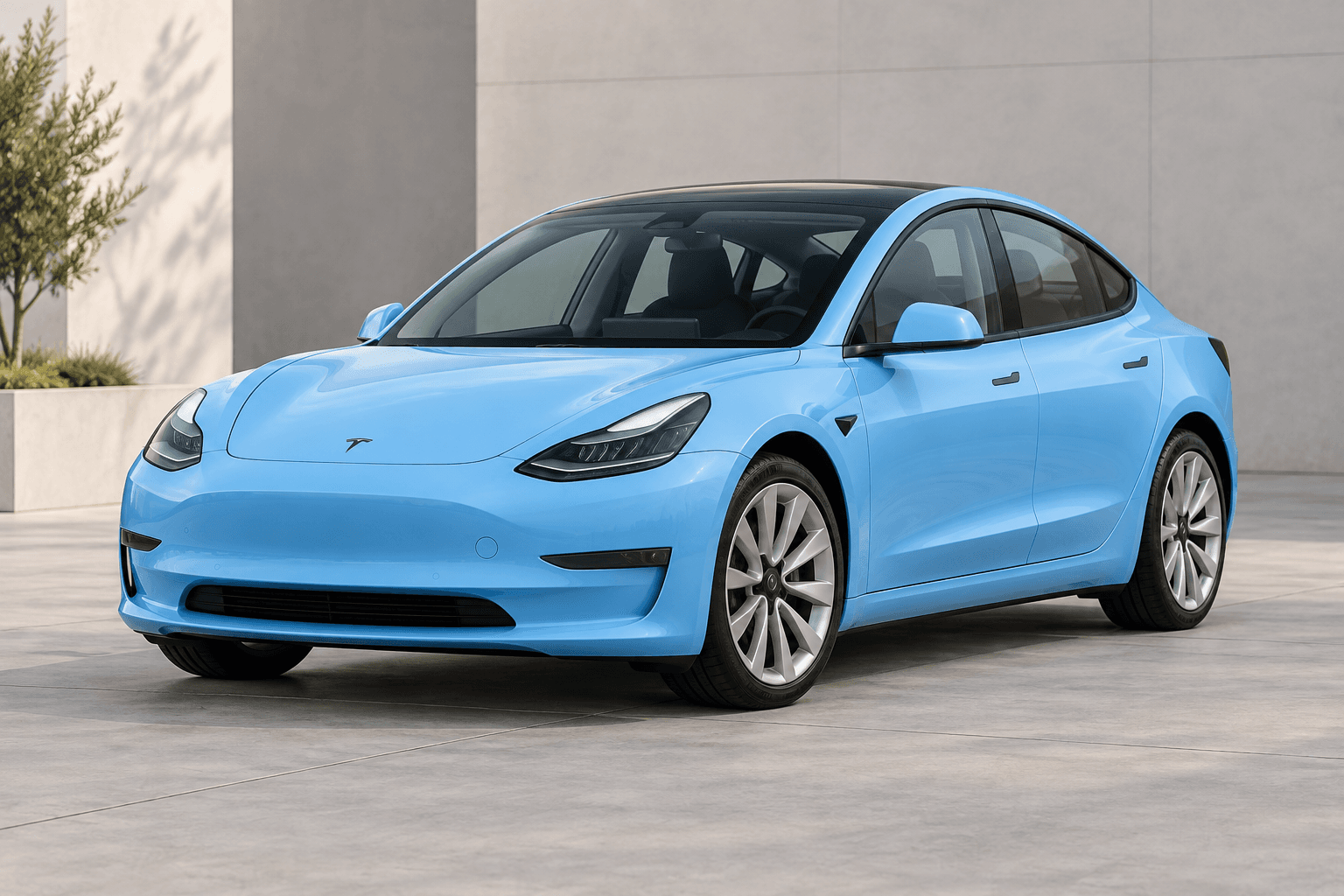 Light blue Tesla Model 3, front three quarter, illustrative vehicle image